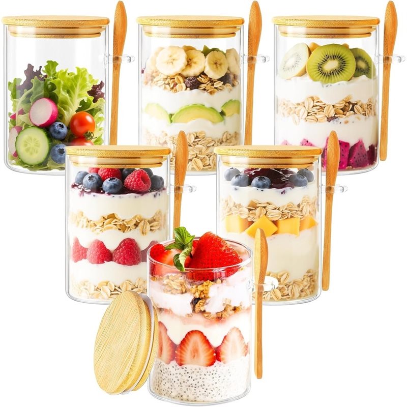 Overnight Oat Jar - ชุด AB46-1 จำนวน 6 ชิ้น โถข้าวโอ๊ตแบบกันความชื้นพร้อมช้อน,