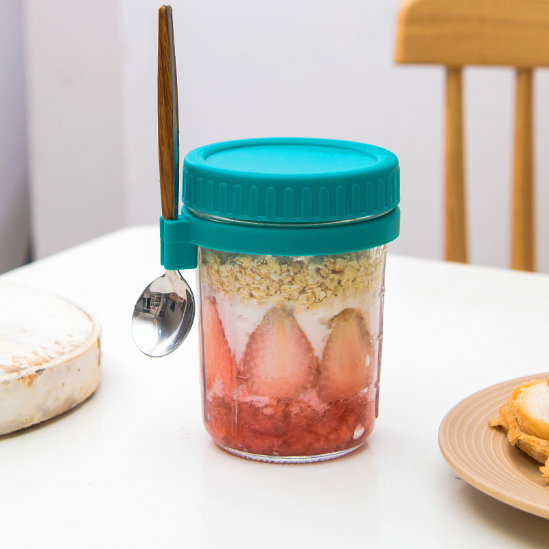 Overnight Oat Jar - ขวดแก้วใส่โอ๊ตมีลแบบพกพาพร้อมฝาปิด สำหรับใส่อาหารเช้า สลัด โยเกิร์ต นม ใช้ในครัวเรือน