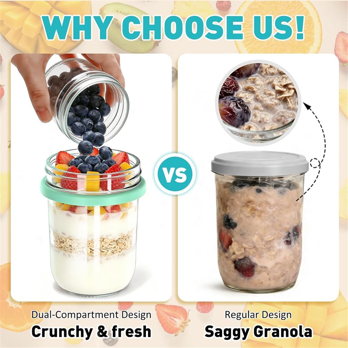 Overnight Oat Jar - ภาชนะใส่โอเวอร์ไนท์โอ๊ตแบบพกพา 4 ชิ้น พร้อมฝาและช้อน ขนาด 20