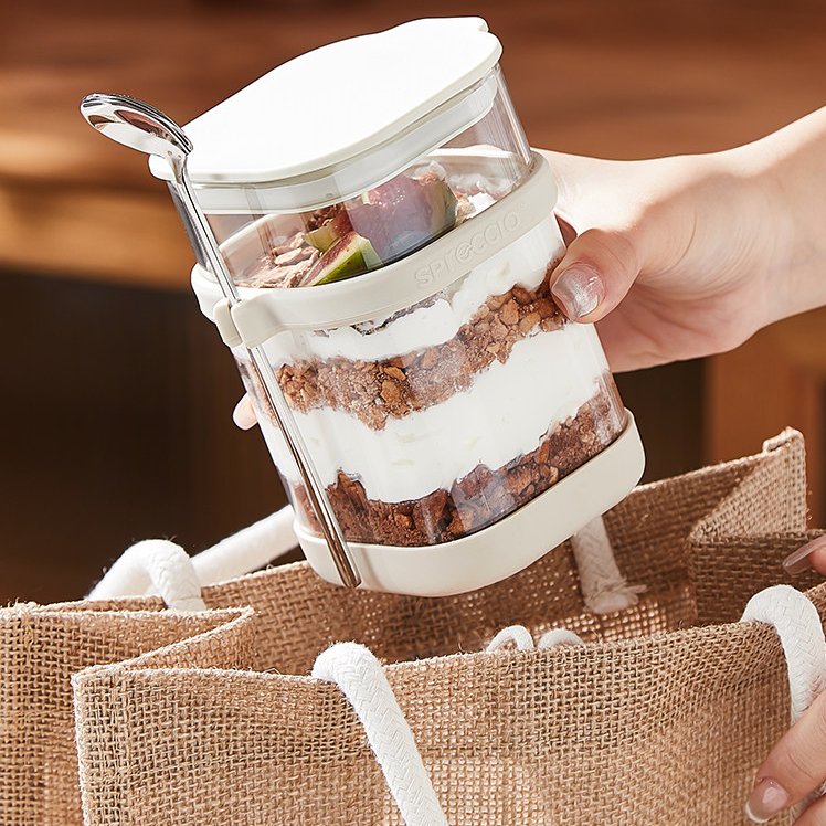 Overnight Oat Jar - ถ้วยแก้วสำหรับโอ๊ตมีลแบบแช่ข้ามคืนพร้อมช้อน ภาชนะใส่โยเกิร์ตสำหรับอาหารเช้าป้องกันการรั่วซึม โถเก็บอาหารสุญญากาศสำหรับโอ๊ตมีลและเครื่องเทศ
