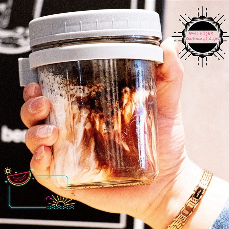Overnight Oat Jar - ขวดโอ๊ตแบบใช้ซ้ำได้ ปี 2025+ สำหรับเก็บอาหารข้ามคืน ปิดผนึกอย่างดี มีขีดบอกปริมาณ