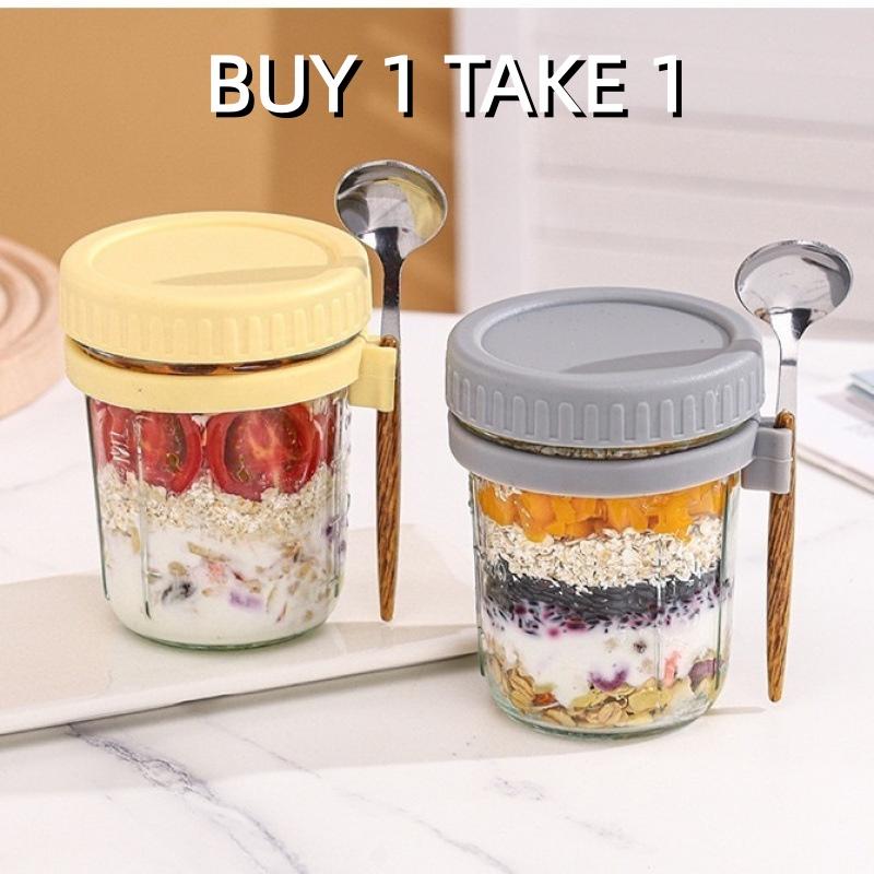 Overnight Oat Jar - ขวดแก้วใส่อาหารแบบใช้ซ้ำได้ ขนาด 350 มล. พร้อมช้อน สำหรับใส่ข้าวโอ๊ต