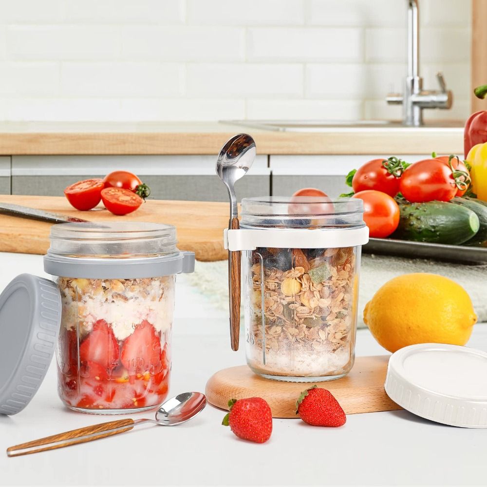 Overnight Oat Jar - ขวดโยเกิร์ต 350 มล. ขวดโอ๊ตมีลแบบแช่ข้ามคืน ขวดแก้วมีสเกลวัด ภาชนะใส่ข้าวโอ๊ตแบบใช้ซ้ำได้